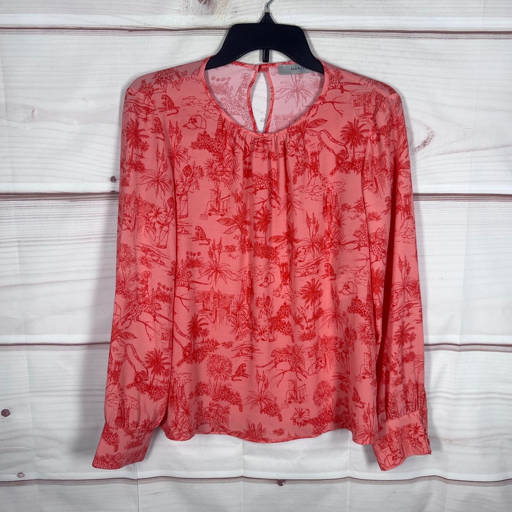 Marella Top Womens 40 4 Pink Floral Sleeveless V-Neck Long Sleeve Coastal Blouse